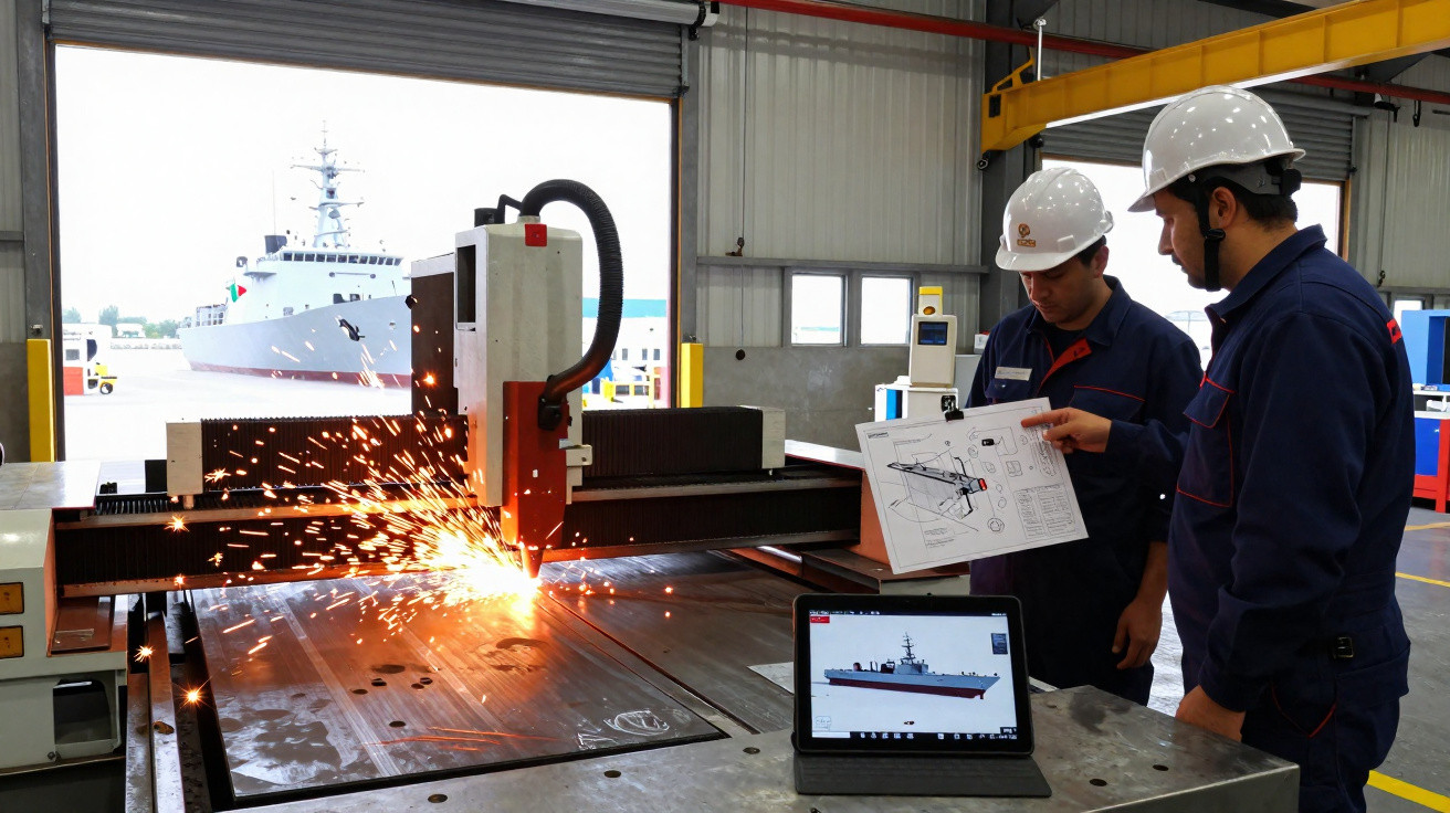 Dois trabalhadores com capacete inspecionam planos ao lado de máquina de corte a plasma numa fábrica naval.