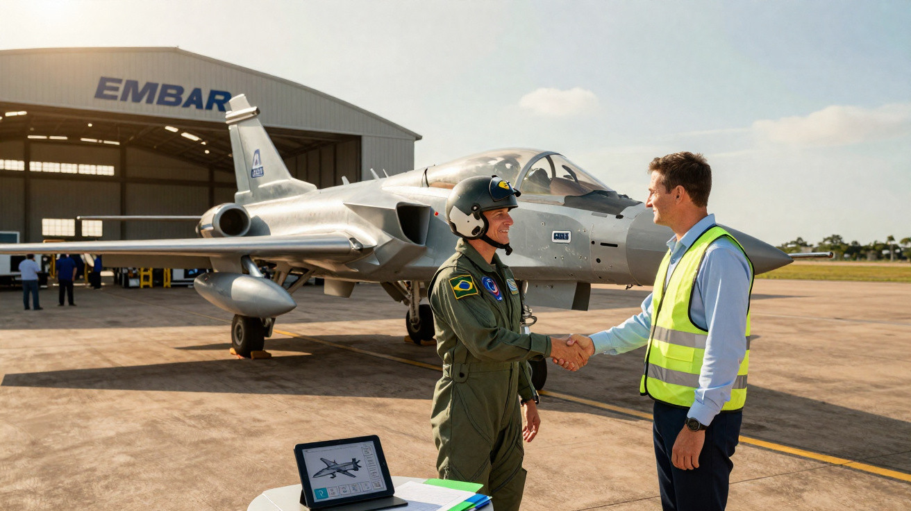 Piloto militar e técnico em colete refletor apertam as mãos em pista perto de avião militar prateado e hangar Embraer.