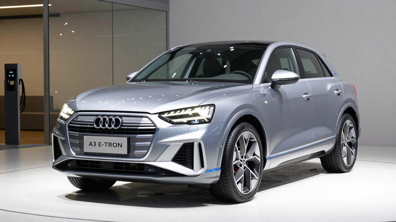 Carro Audi A3 E-Tron cinzento estacionado em espaço interior moderno com carregador elétrico.