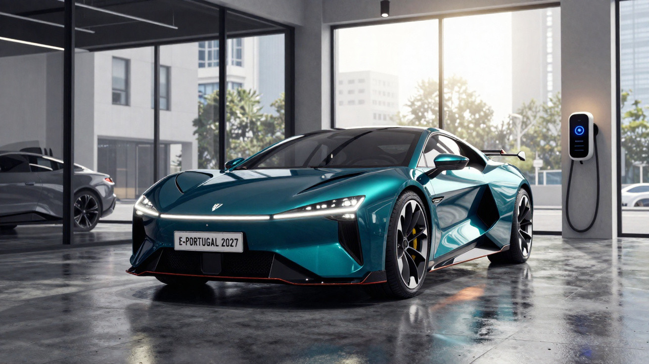 Carro elétrico desportivo azul numa garagem moderna com posto de carregamento e luz natural.