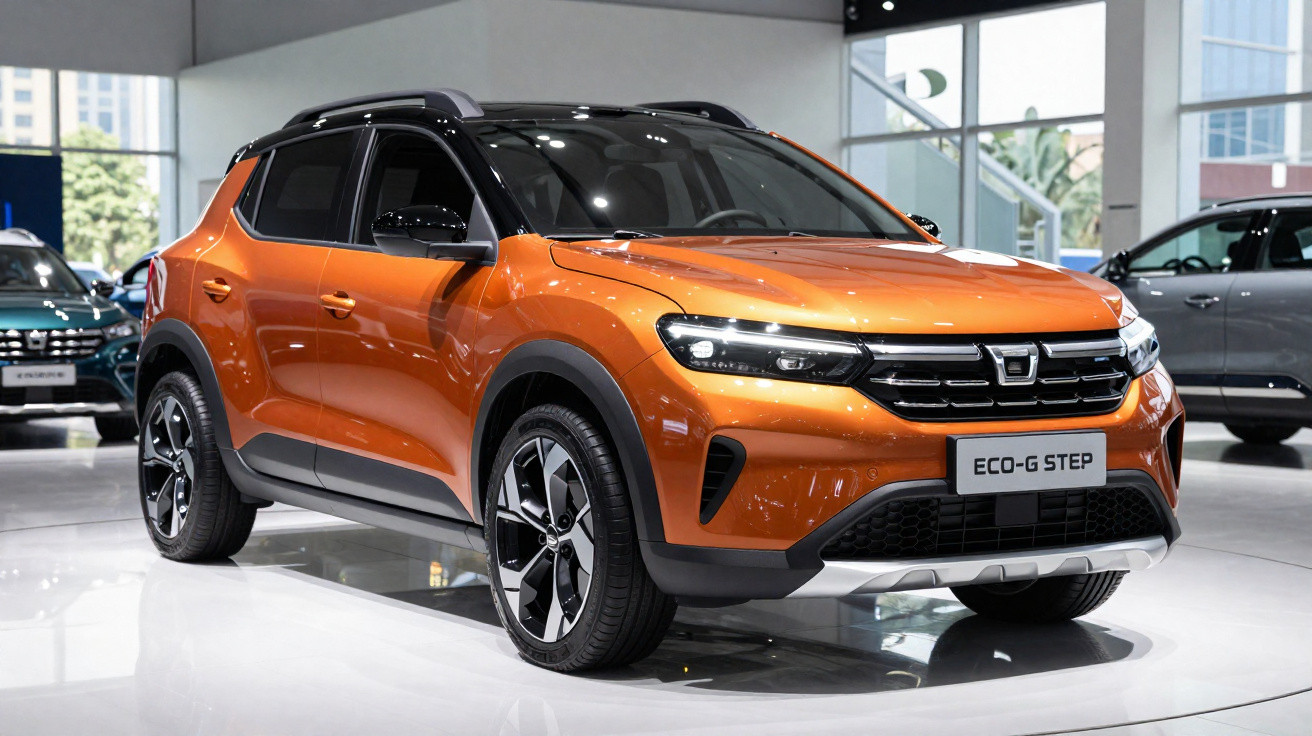 Carro SUV laranja Dacia Eco-G Step estacionado em salão de automóveis, vista frontal direita.