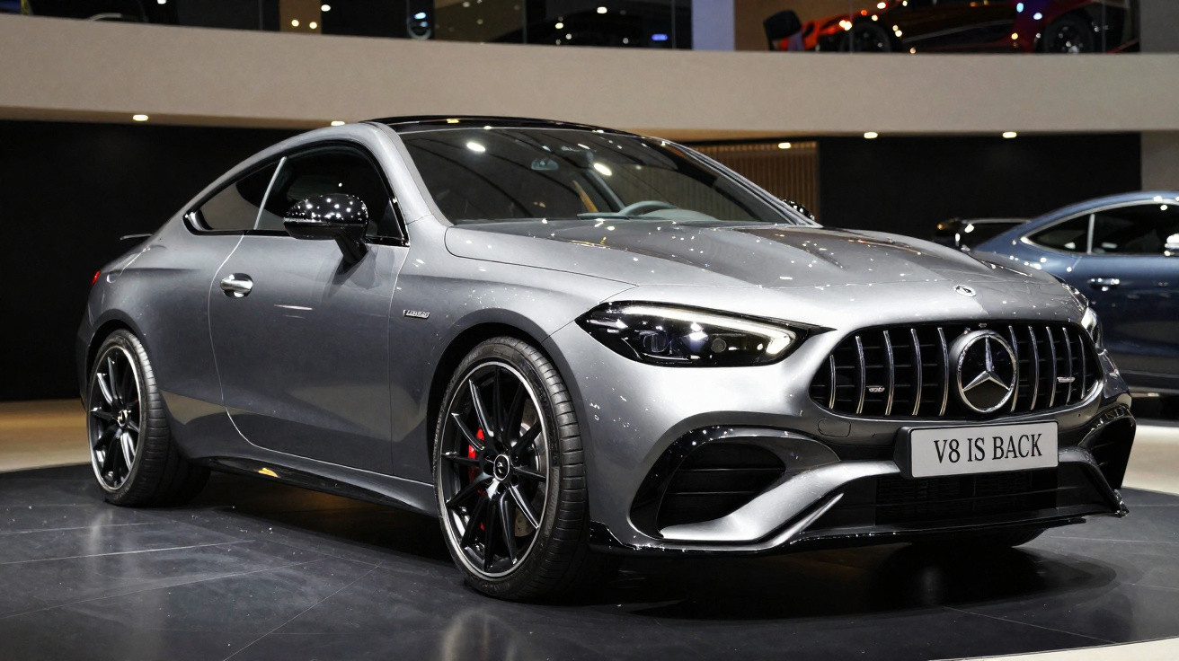 Carro desportivo Mercedes-Benz prata estacionado em exposição com detalhes em preto e jantes desportivas.