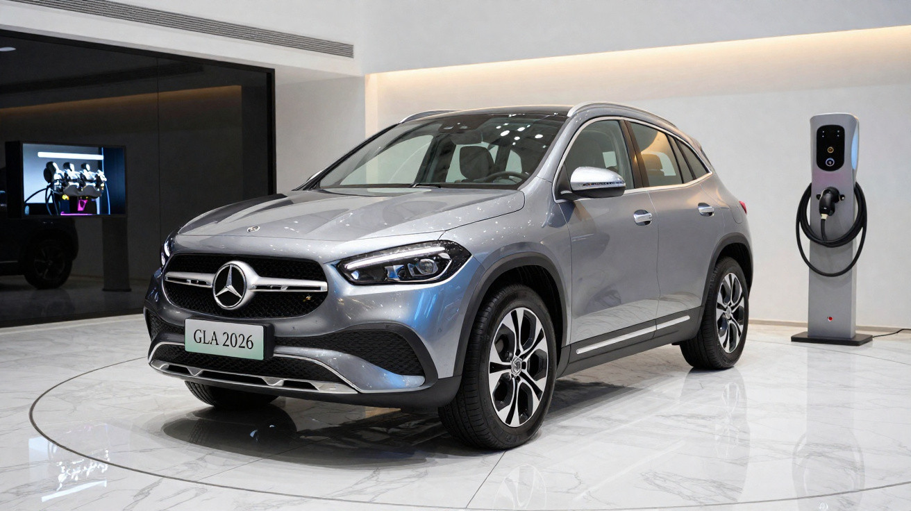 Carro elétrico Mercedes-Benz GLA 2026 cinza estacionado em espaço moderno com carregador.