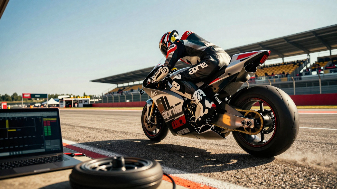 Piloto em mota de corrida Aprilia a acelerar na pista de um circuito com laptop e roda desfocada em primeiro plano.