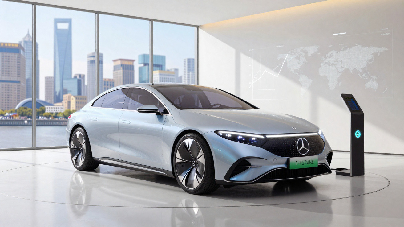 Carro elétrico Mercedes-Benz prata em exposição numa sala com vista para edifícios altos junto a um rio.