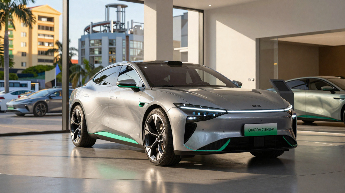 Carro elétrico prata moderno num espaço interior com grandes janelas e luz natural.
