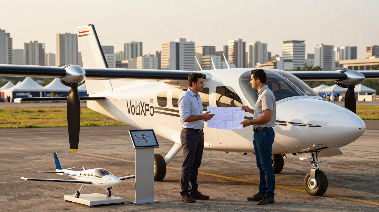 Dois homens discutem planos em frente a um avião branco na pista com edifícios ao fundo.