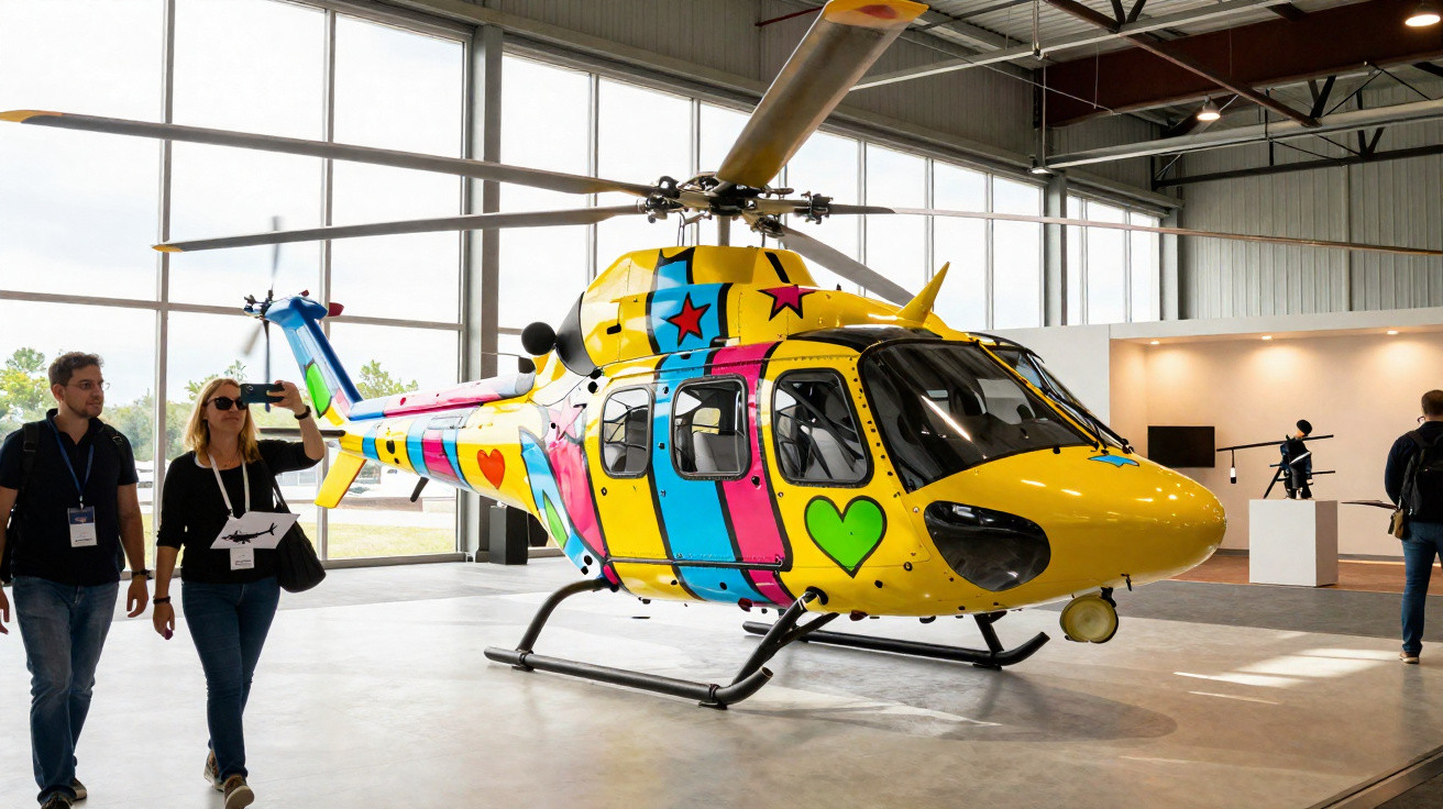 Helicóptero colorido com desenhos de corações e estrelas exposto em espaço interior com pessoas.