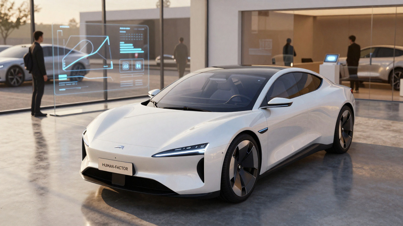 Carro elétrico branco futurista apresentado numa exposição com hologramas e pessoas ao fundo.