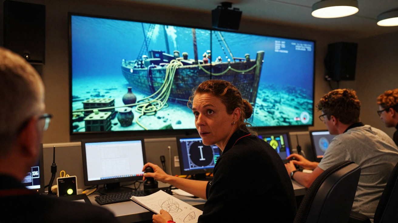 Equipe a monitorizar um navio arqueológico submerso em ecrã numa sala de controlo moderna.