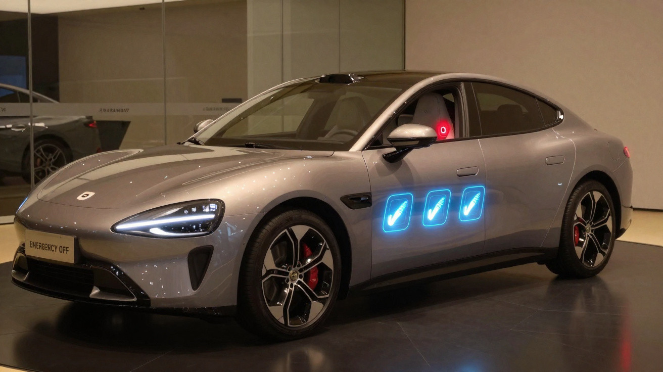 Carro elétrico cinza estacionado em exposição interior com luzes azuis e faróis dianteiros acesos.