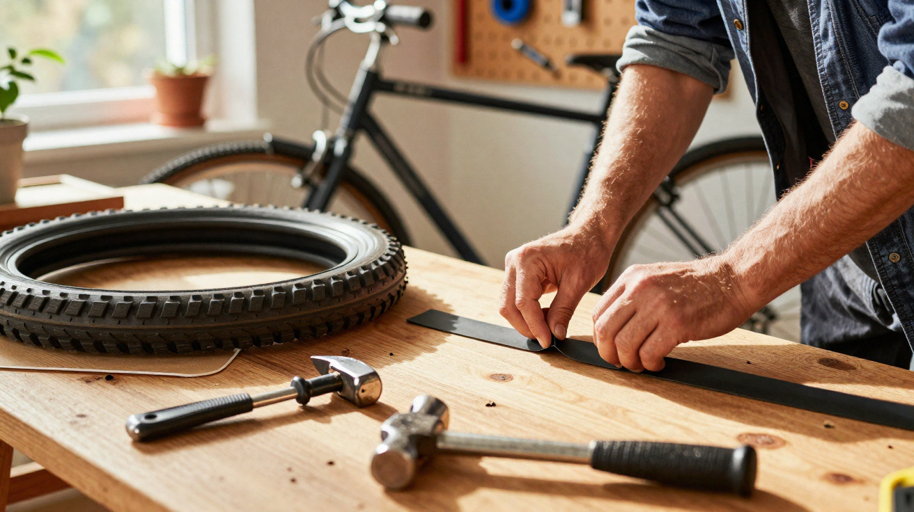 Mãos de pessoa a reparar câmara de bicicleta numa bancada de madeira com ferramentas e pneu ao lado.