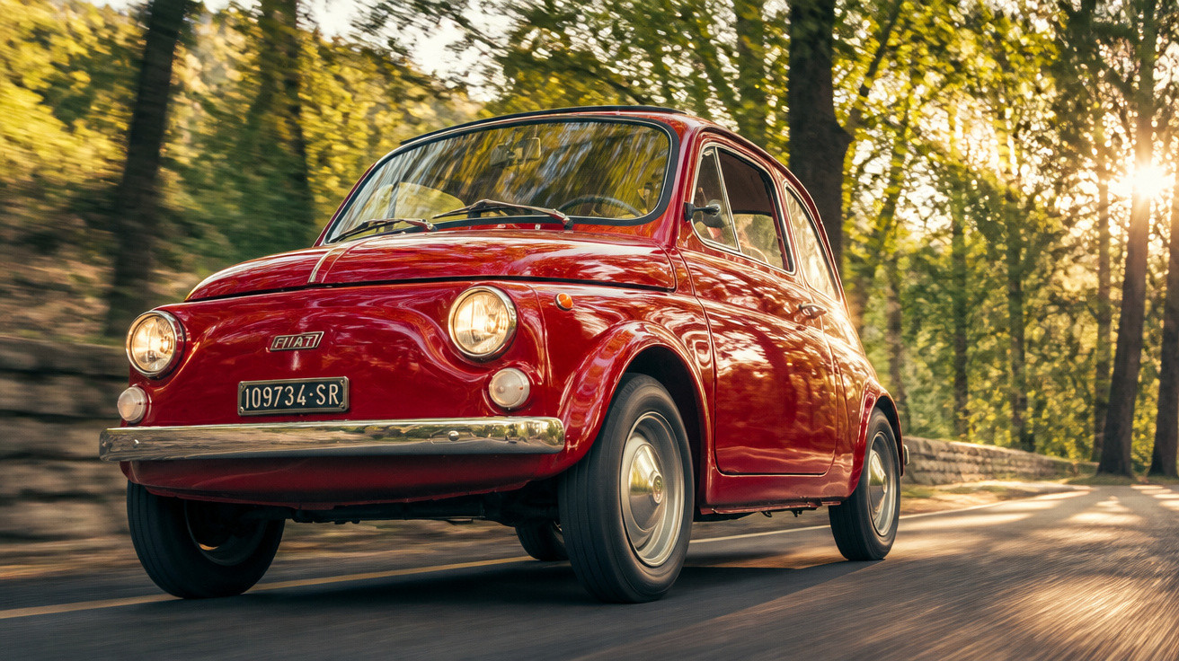 Carro vermelho clássico Fiat 500 a circular numa estrada rodeada de árvores ao pôr do sol.