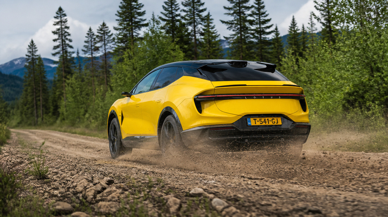 Carro amarelo Lotus a andar em estrada de terra rodeada de árvores e montanhas ao fundo.