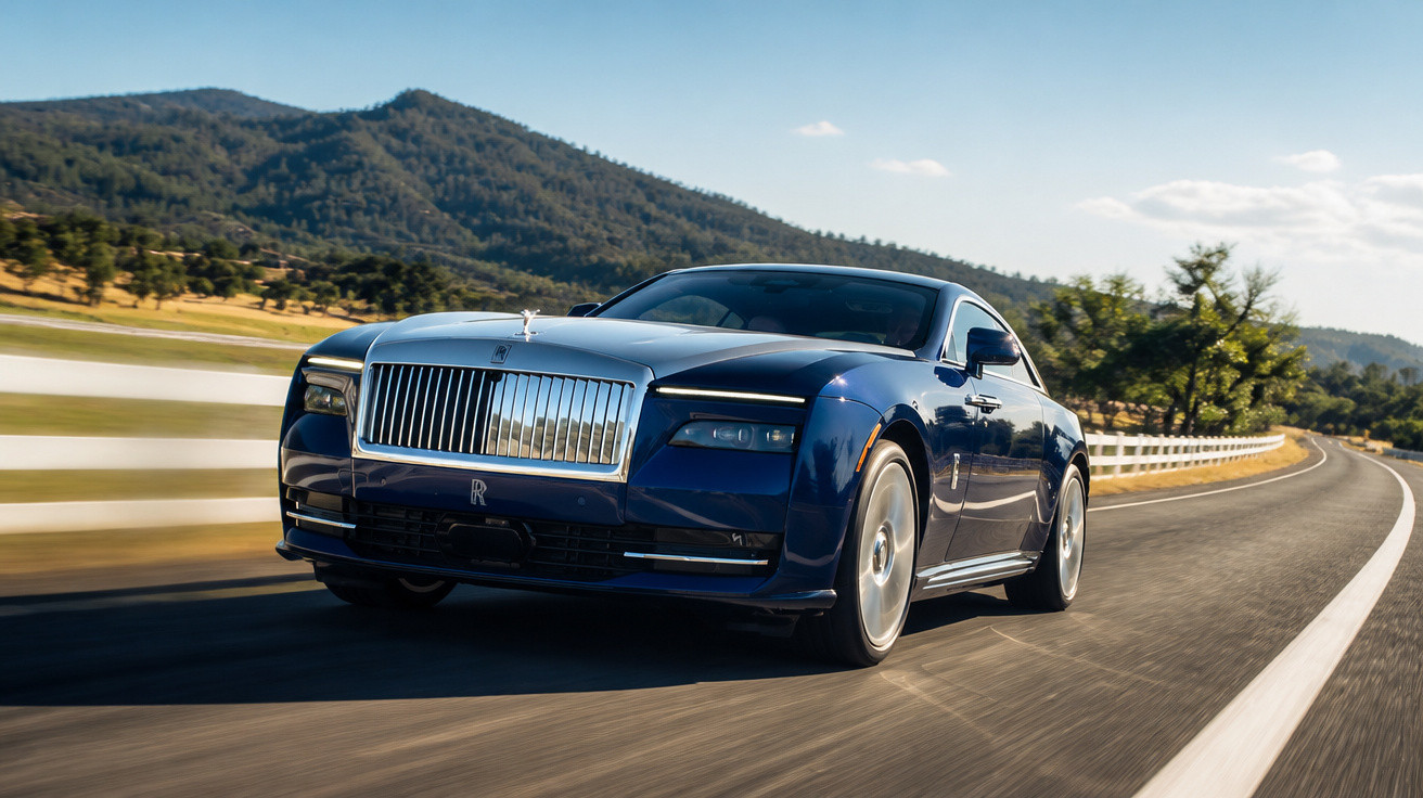 Carro desportivo de luxo azul a conduzir numa estrada rodeada por montanhas e árvores.