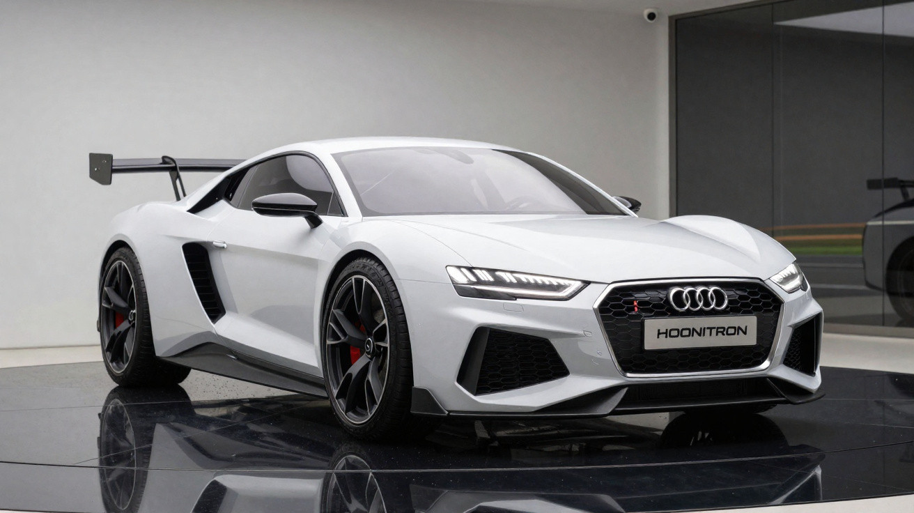 Carro desportivo Audi branco com spoiler traseiro, em exposição numa sala moderna com chão espelhado.