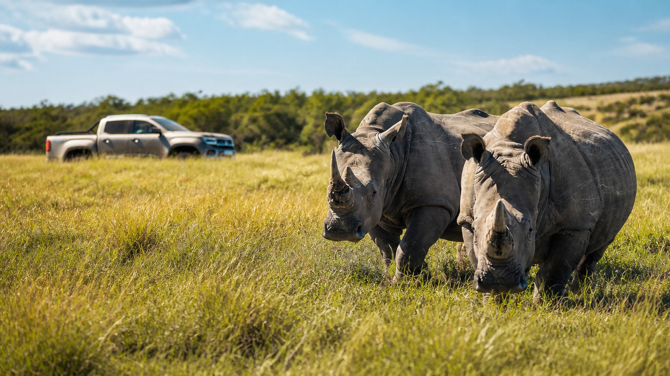 Dois rinocerontes a caminhar numa savana com uma carrinha estacionada ao fundo.