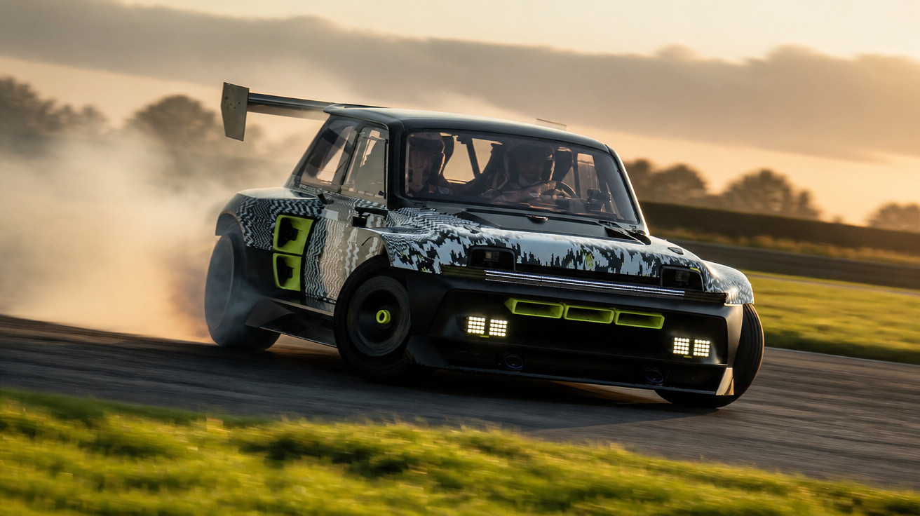 Carro de corridas preto com detalhes verdes a fazer drift numa pista ao entardecer.