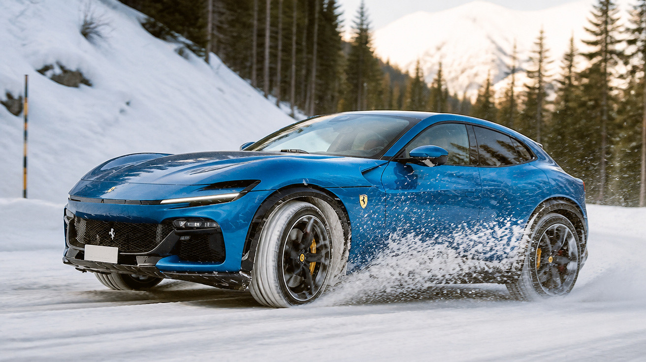 Carro desportivo azul a derrapar na neve numa estrada de montanha com pinheiros ao fundo.