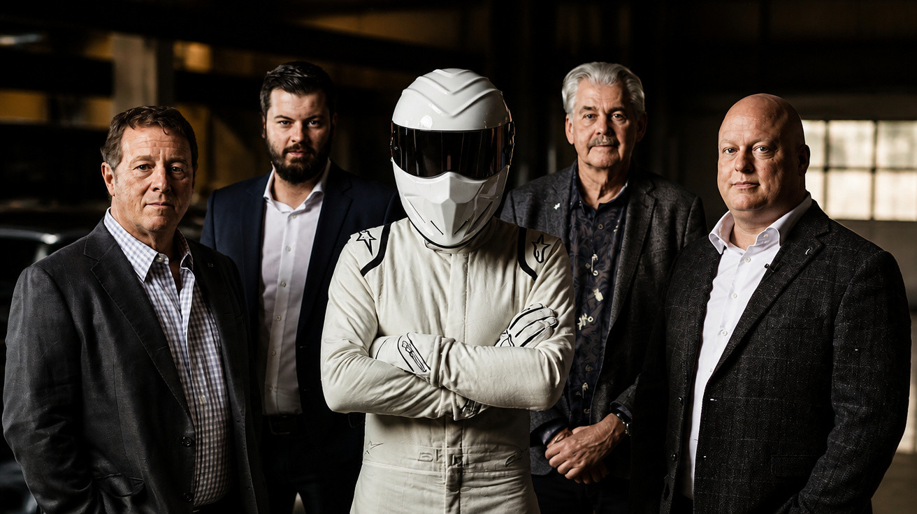 Cinco homens, um deles com fato branco e capacete integral, posam para foto em ambiente escuro.