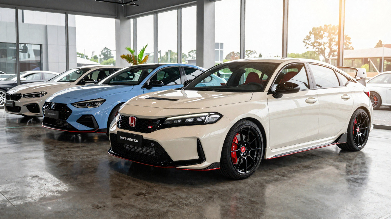 Carros desportivos novos estacionados no interior de uma sala de exposições com chão em betão polido.