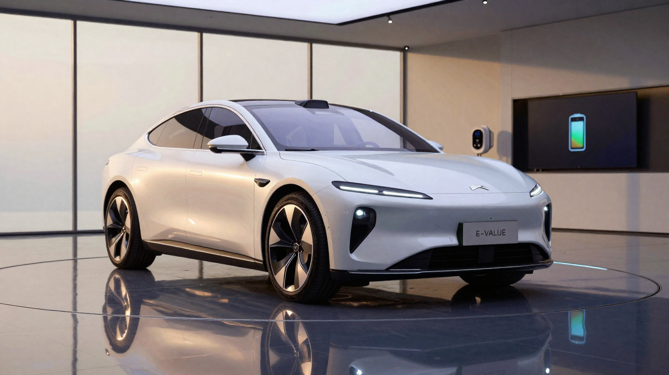 Automóvel elétrico branco moderno, exibido em sala com chão refletor e carregador na parede.