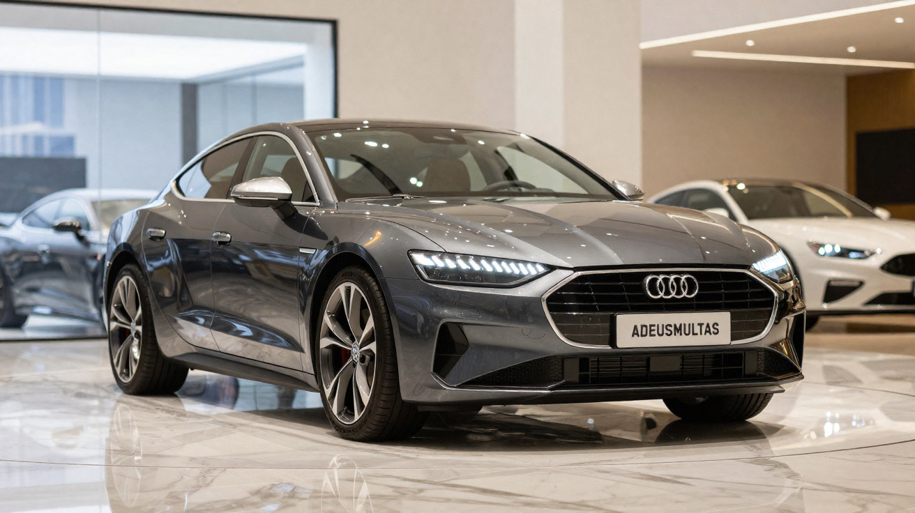 Carro desportivo cinzento Audi parado em showroom com chão de mármore e outros carros ao fundo.