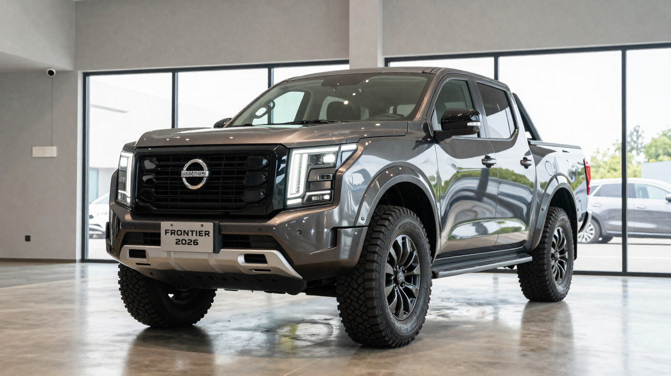 Pick-up Nissan Frontier 2026 cinzenta exposta num showroom moderno com janelas amplas.