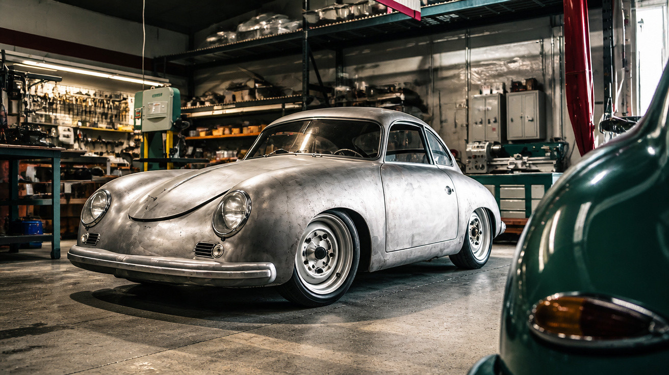 Carro clássico prateado em restauro numa oficina mecânica com ferramentas e peças ao fundo.