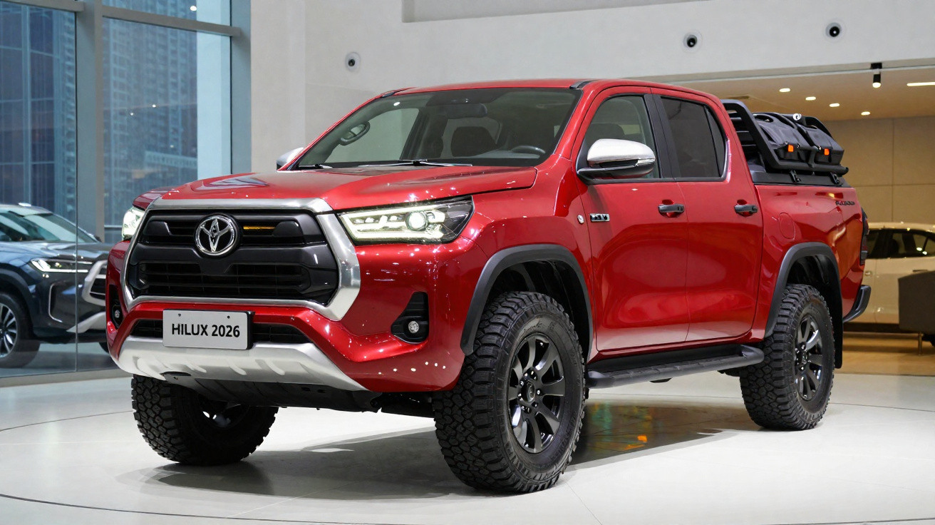 Picape Toyota Hilux 2026 vermelha exposta em salão automóvel, vista frontal direita.