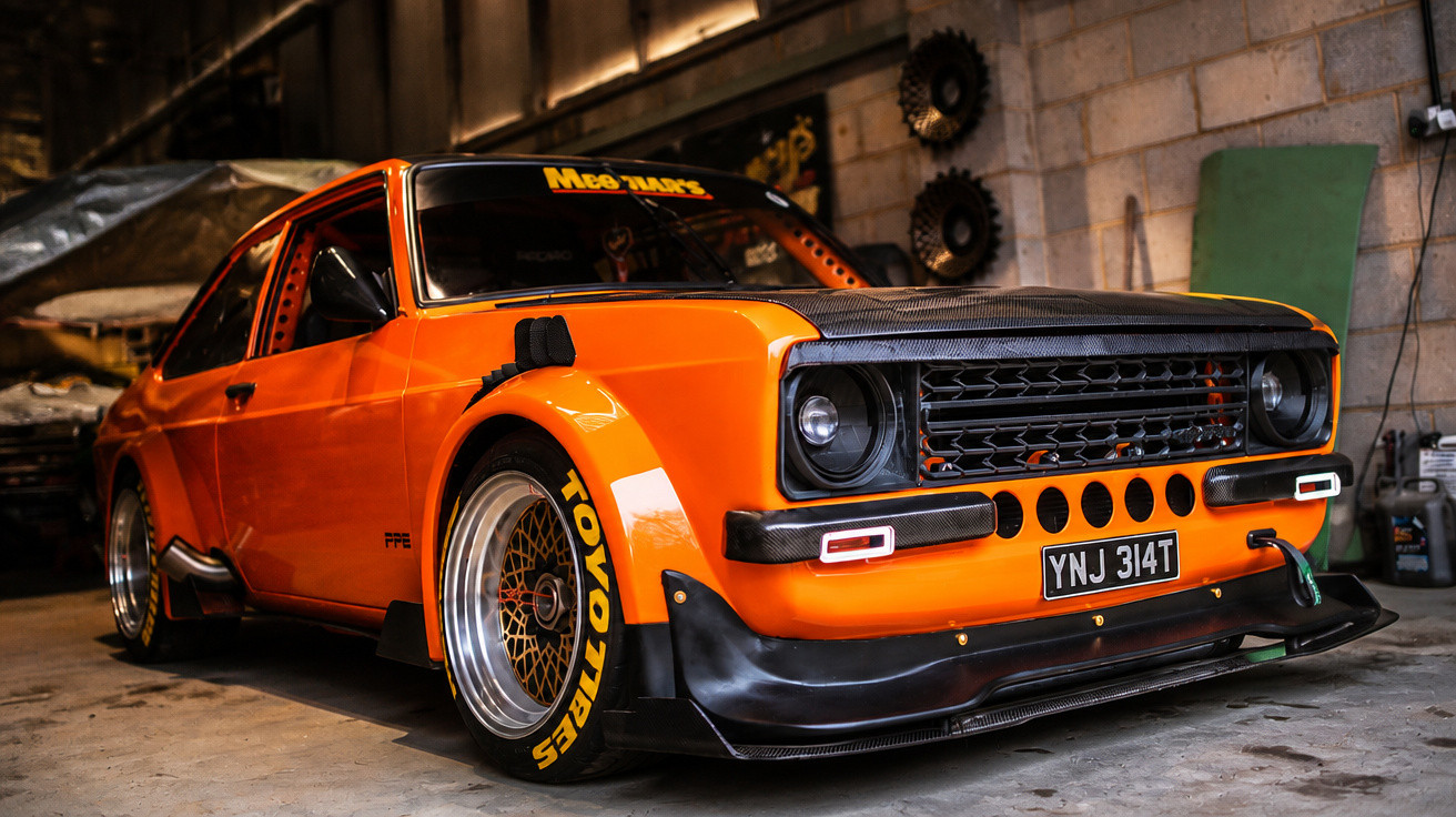 Carro desportivo clássico laranja com pneus Toyo Tires, estacionado numa garagem industrial.