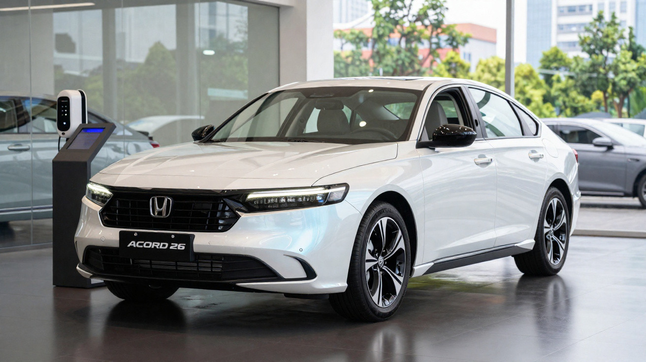 Carro Honda Accord 26 branco estacionado num salão com colunas de carregamento elétrico.