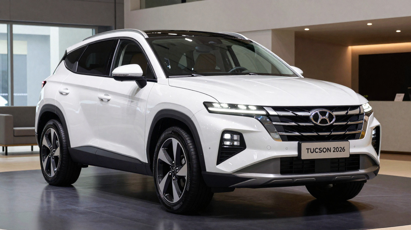 SUV branco Hyundai Tucson 2026 em exposição interior com design moderno e faróis LED finos.