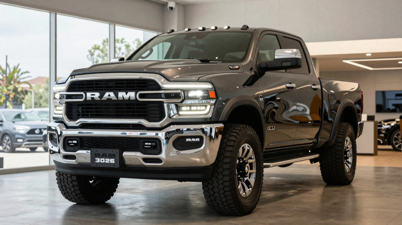 Picape RAM preta com detalhes cromados exposta em salão de automóveis moderno e amplo.