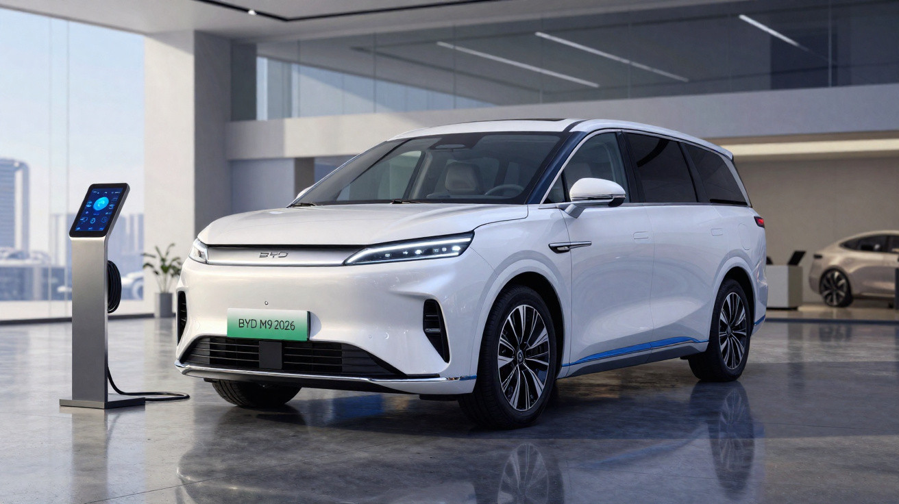 Carro elétrico branco BYD M9 2026 estacionado junto a um posto de carregamento num ambiente moderno.