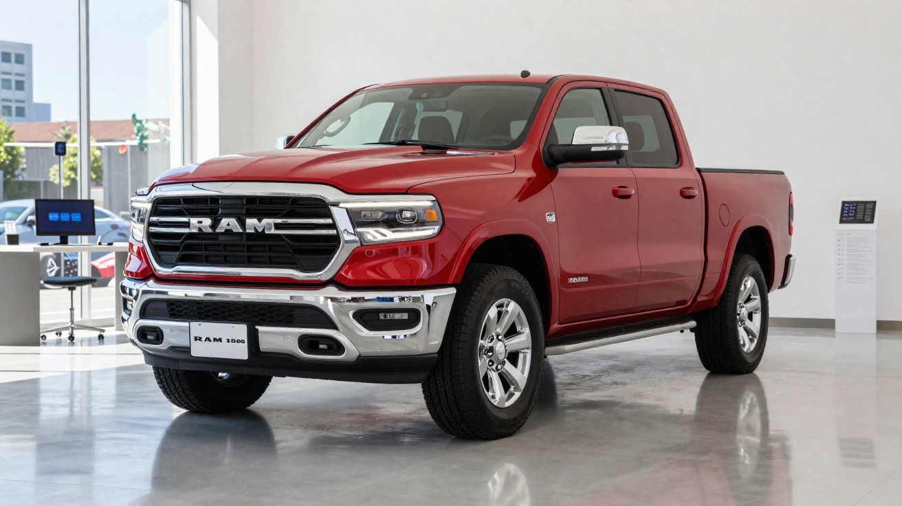 Picape RAM 1500 vermelha exibida numa sala de exposições com piso cinzento brilhante e paredes brancas.