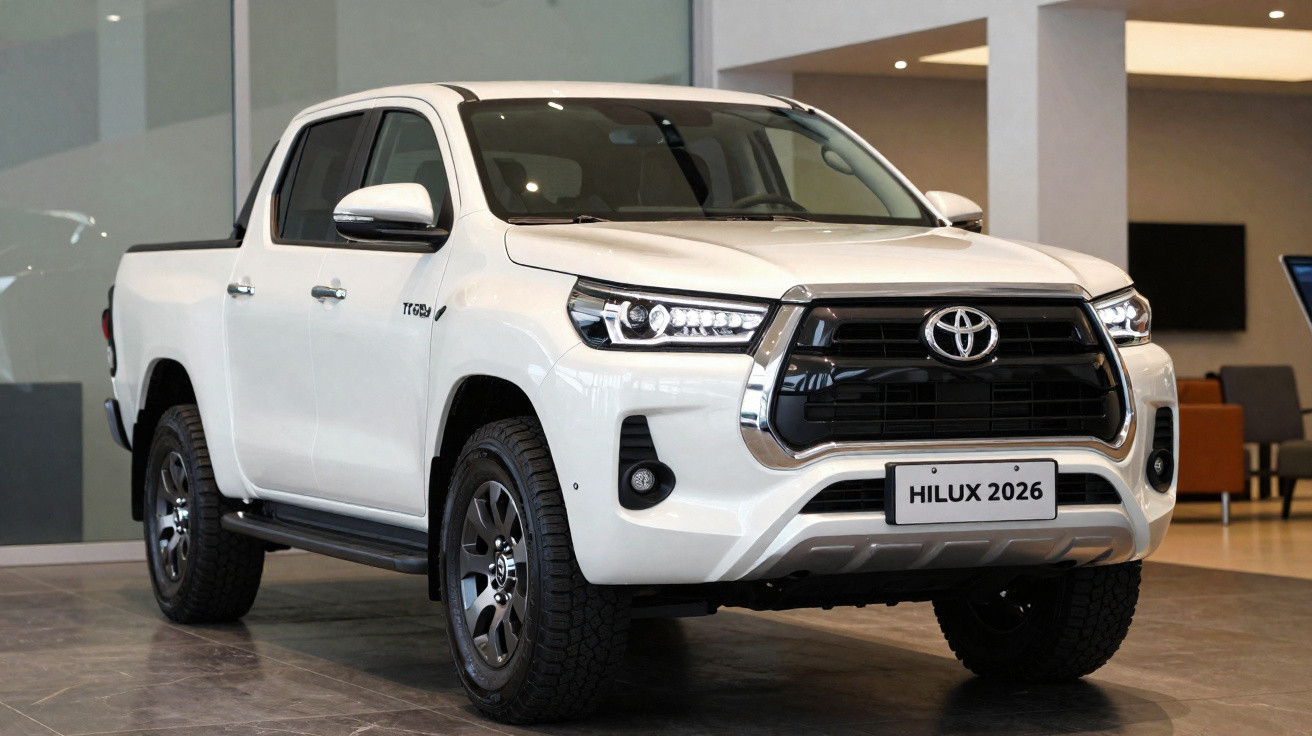 Picape Toyota Hilux 2026 branca em exposição, vista frontal direita, interiores modernos ao fundo.