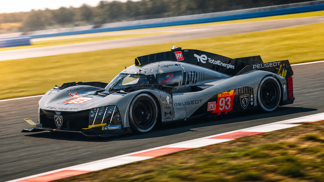 Carro de corrida Peugeot LMP híbrido negro e cinzento em pista de corrida curva.