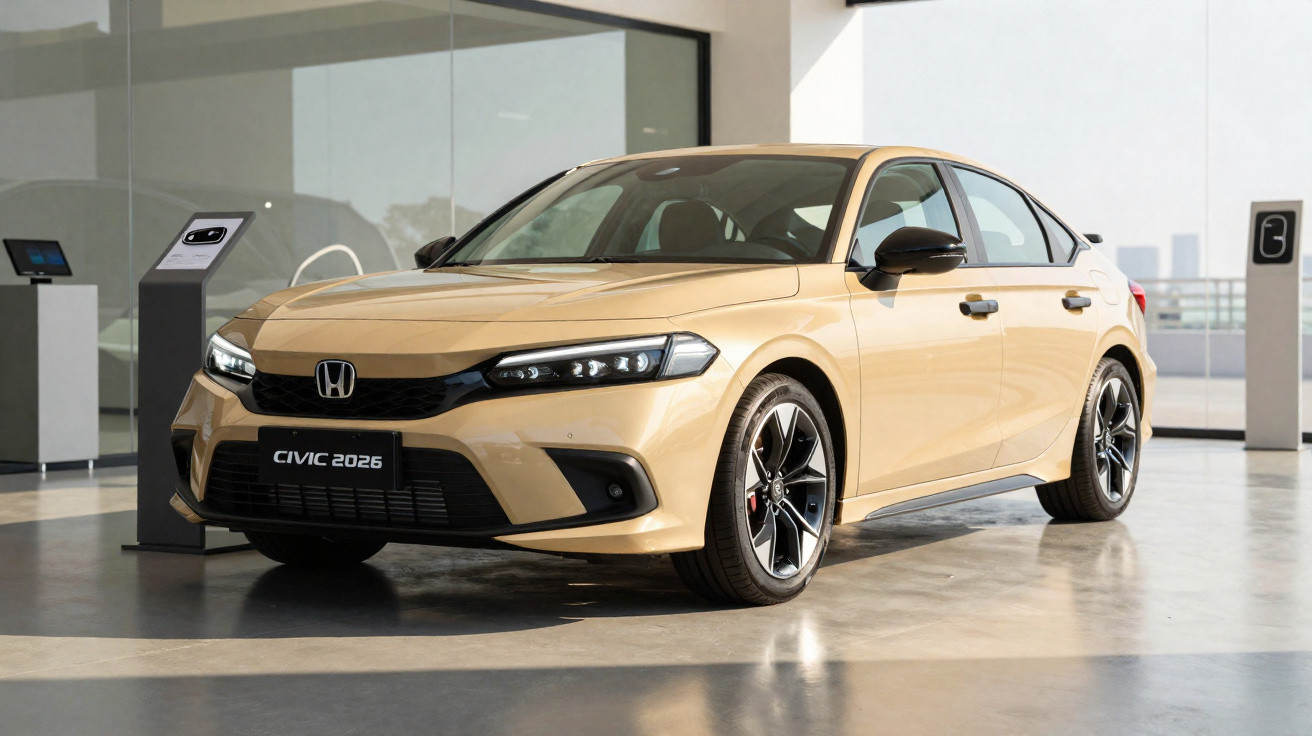 Sedan Honda Civic 2026 bege em exposição num espaço interior moderno e luminoso.