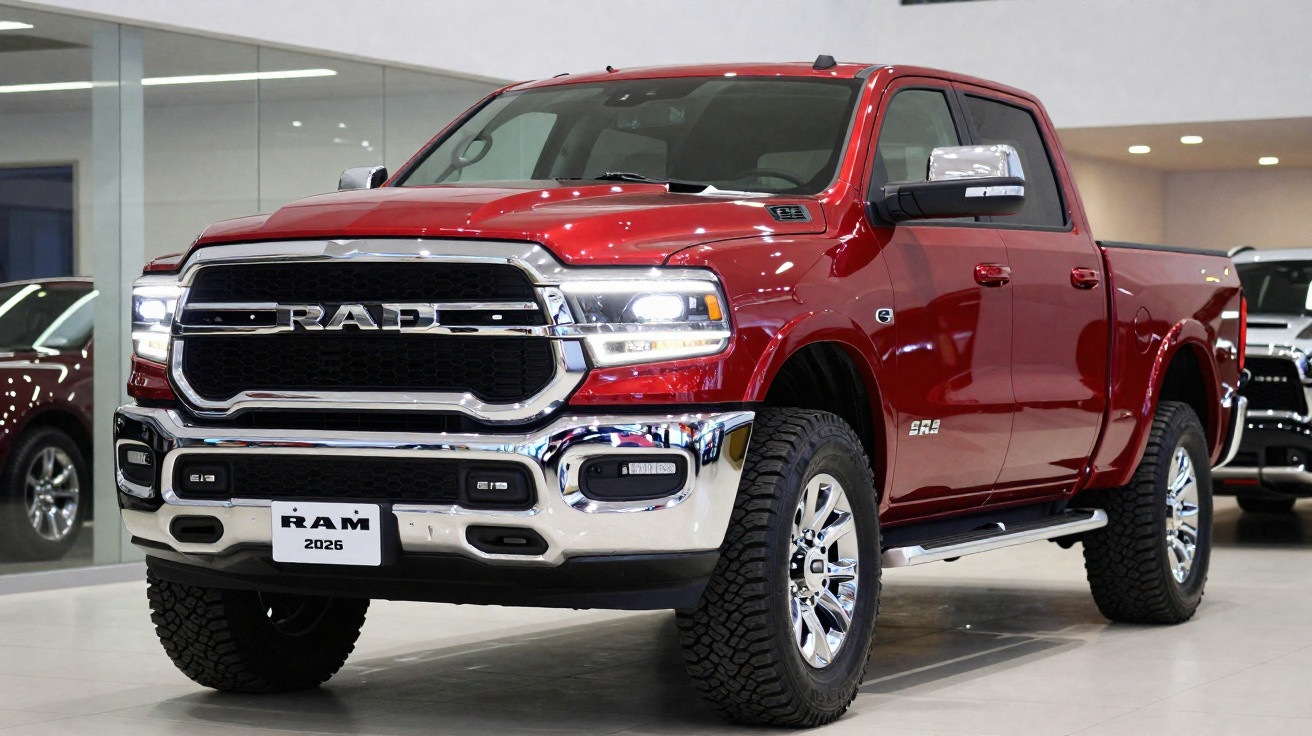 Pick-up vermelha RAM 2026 com detalhes cromados em exposição numa sala de showroom.