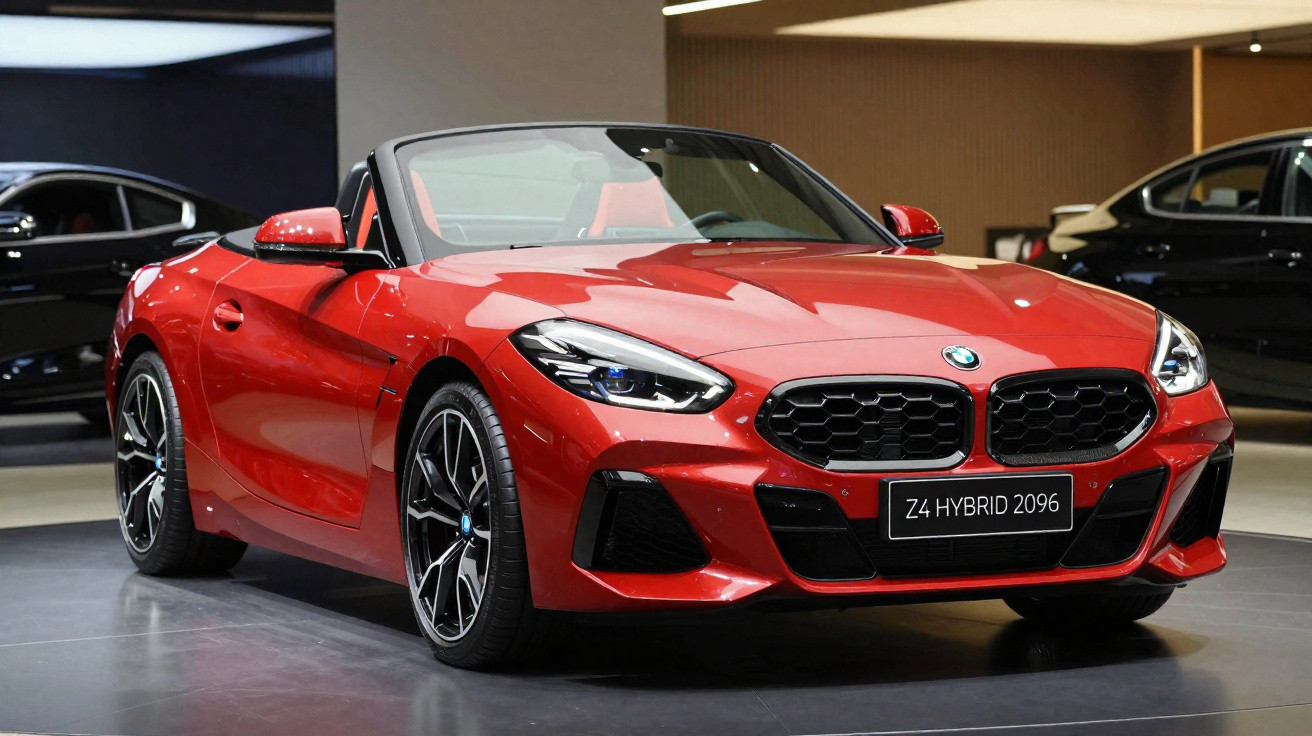 Carro desportivo BMW Z4 vermelho conversível em exposição num salão de automóveis.
