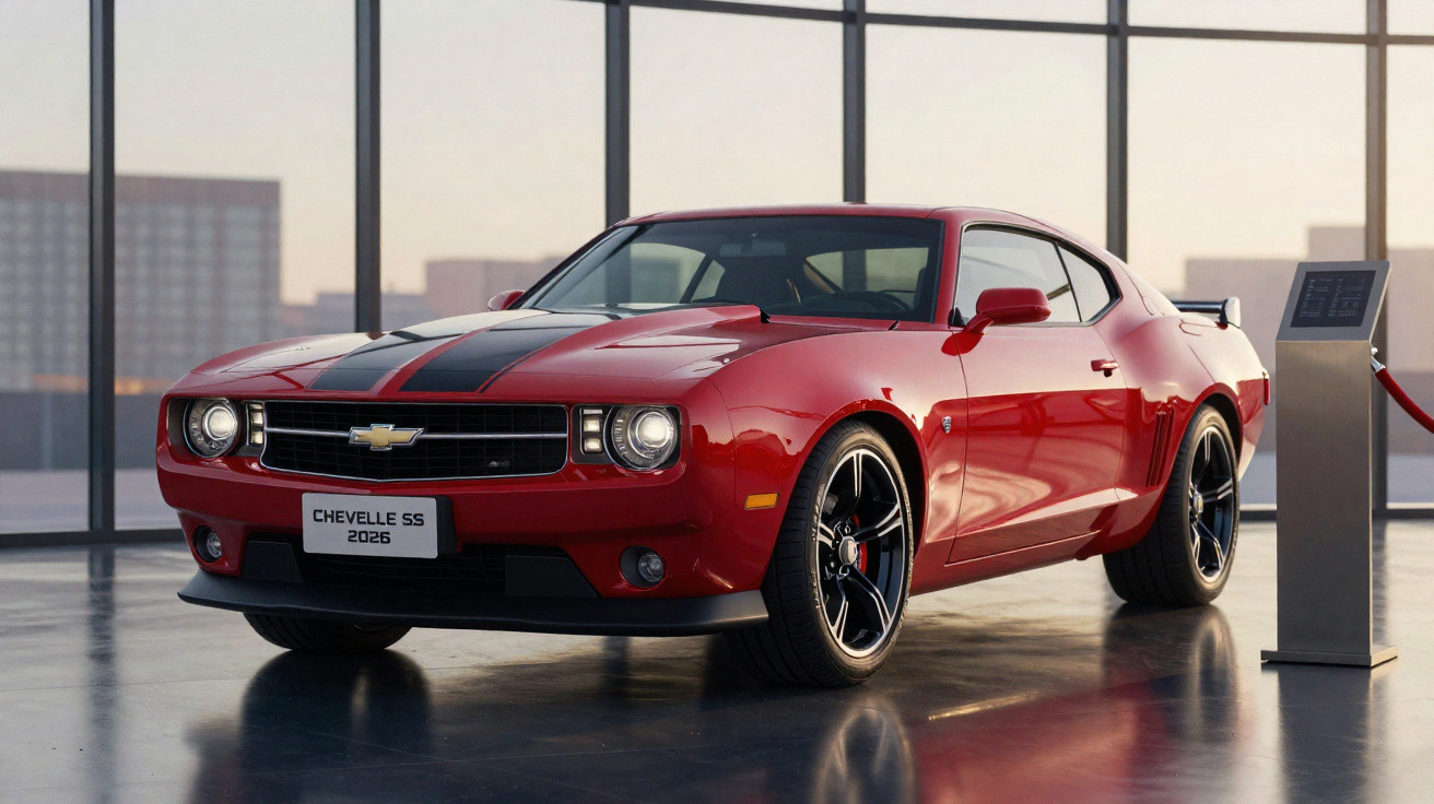 Carro desportivo vermelho Chevrolet Chevelle SS 2026 numa exposição com grandes janelas.
