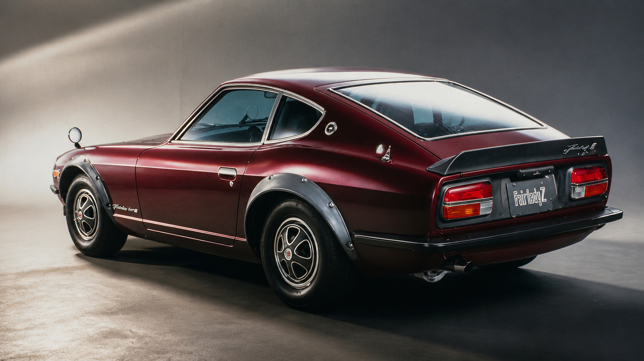 Carro clássico desportivo Nissan Fairlady Z vintage em cor vinho num estúdio com fundo neutro.