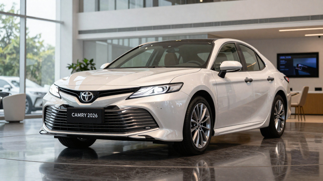 Automóvel Toyota Camry 2026 branco estacionado num salão de exposição moderno.