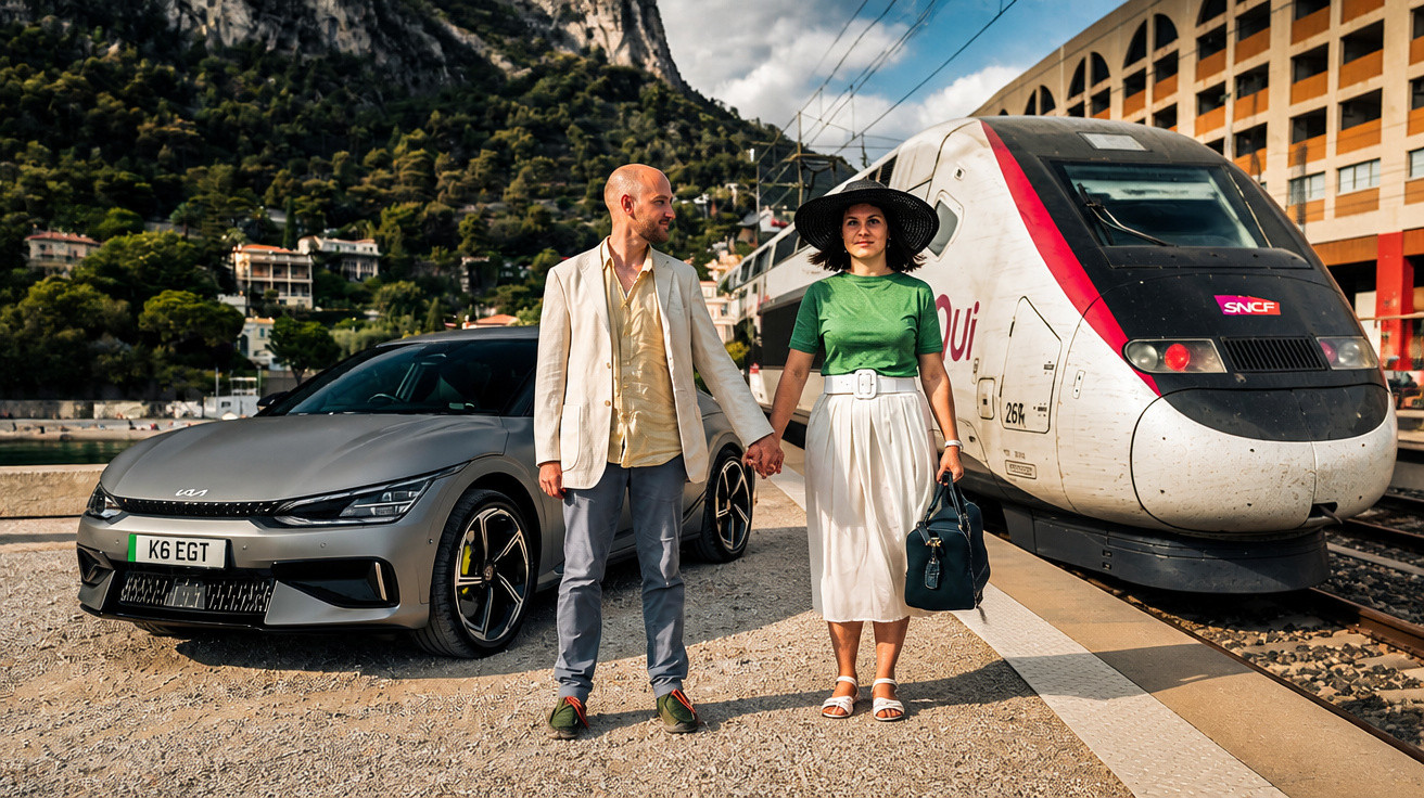 Casal de mãos dadas entre um carro elétrico cinzento e um comboio moderno numa estação ferroviária.