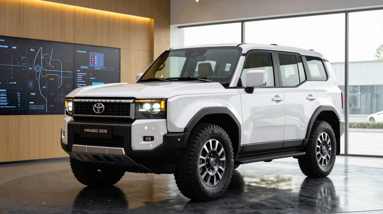 SUV Toyota Prado 2026 branco estacionado em espaço interior moderno com janelas amplas e ecrã digital na parede.