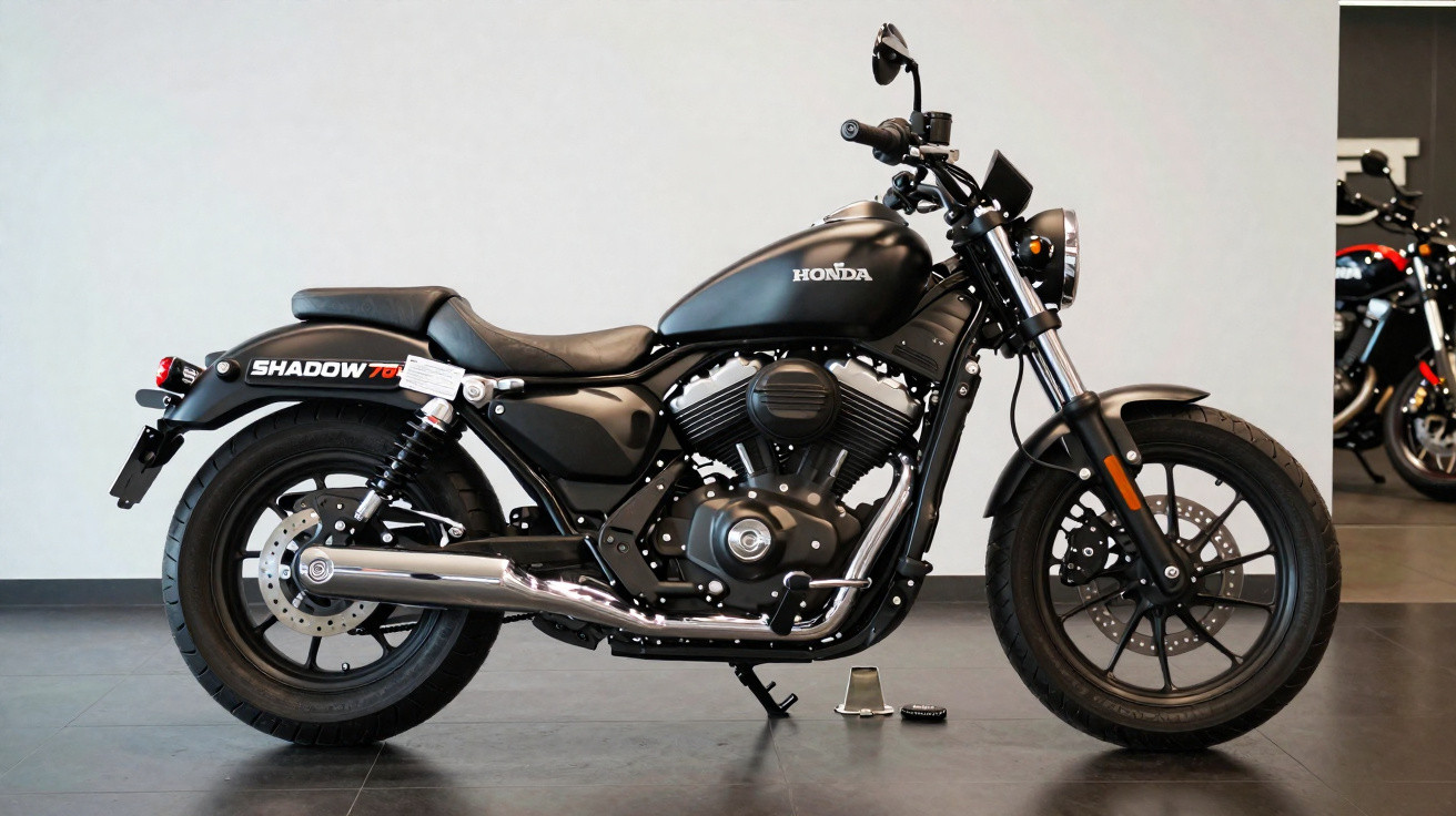 Motociclo Honda Shadow 750 preto estacionado num chão de azulejos cinzentos contra parede branca.