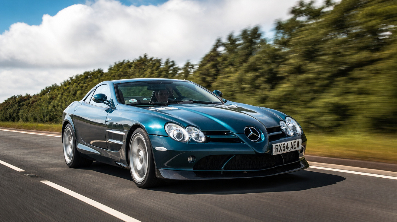 Carro desportivo Mercedes-Benz azul a circular numa estrada rodeada de árvores sob céu parcialmente nublado.
