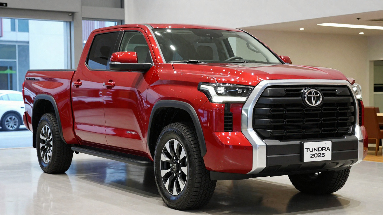 Camião Toyota Tundra 2025 vermelho em exposição interior com estrutura robusta e jantes pretas e prata.