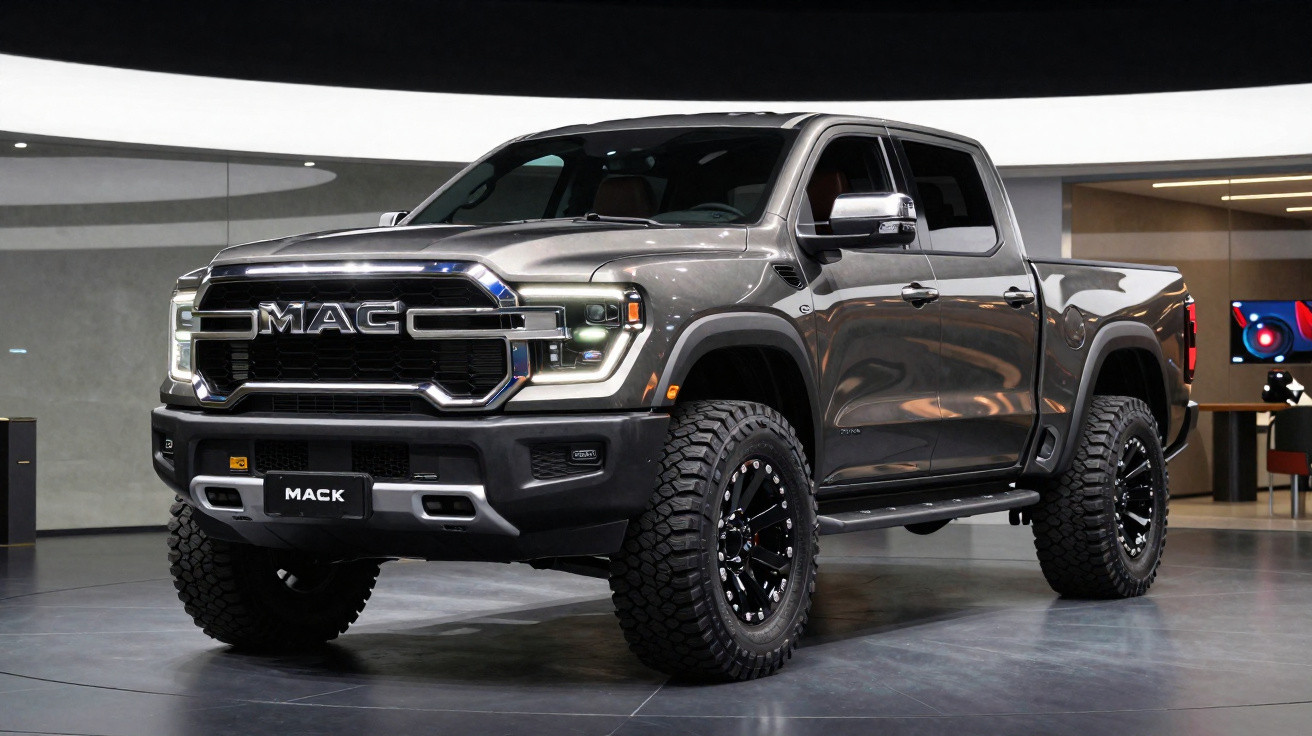 Pickup cinzenta de grandes dimensões da marca Mack exposta em ambiente interior moderno.
